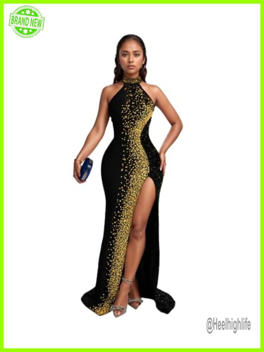 Rhinestone Bodycon Dress Stretchy Knit Sleeveless Halter Clubwear